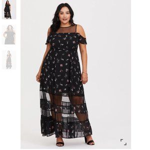 Black Floral Chiffon Cold Shoulder Maxi Dress